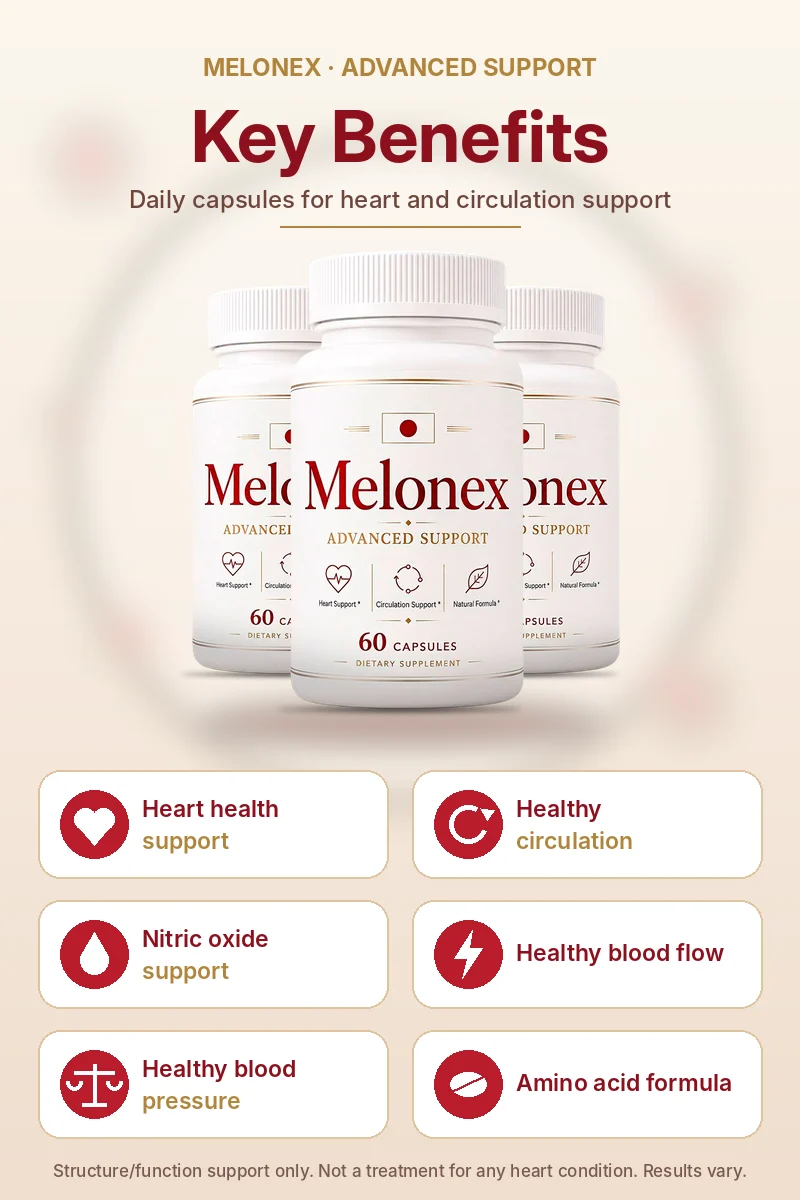 Melonex key benefits: heart health support, healthy circulation, nitric oxide support, healthy blood flow, healthy blood pressure, amino acid formula